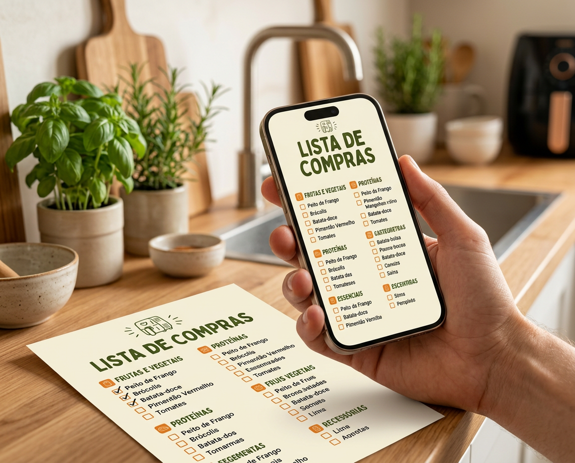 Lista Inteligente de Compras aberta na tela do celular, sendo consultada na cozinha