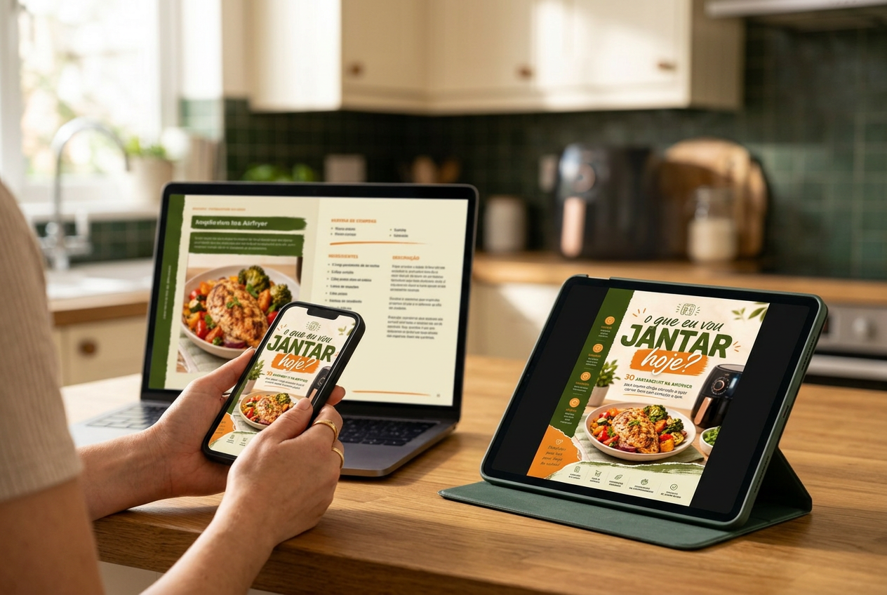 Ebook digital 30 Jantares Fit na AirFryer aberto no celular, no tablet e no notebook em uma cozinha